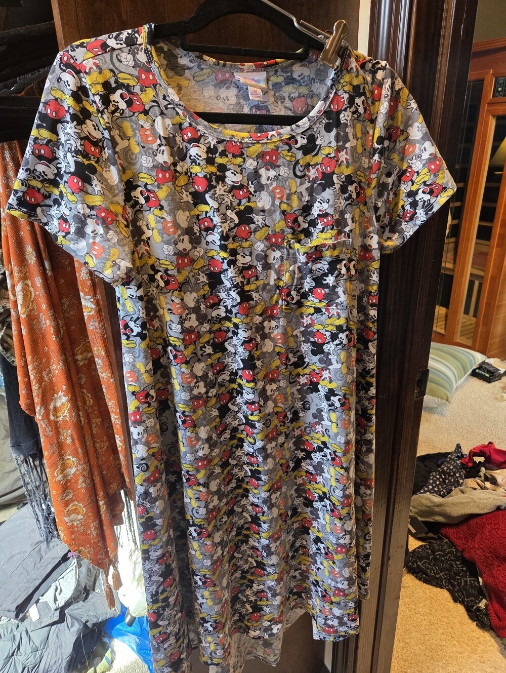 LuLaRoe Disney Carly M Gray Midi Dress with Multicolor Cartoon Print